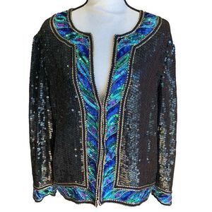 Stenay Vintage 80s Silk Sequins Dinner‎ Jacket Black w/ Multicolor Trim Lined Lg